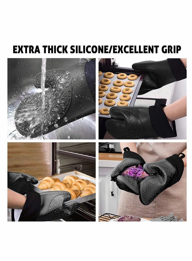 Silicone Oven Mitts and Pot Holders Set, Heat Resistant Mittens with Mini Gloves Hot Pads, for Kitchen Baking Cooking, Quilted Liner, Black,Pack of 6 - Image 5